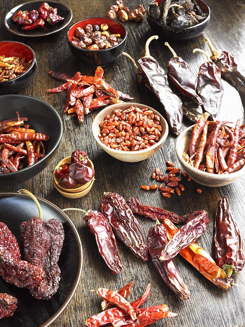 Still life with various types of dried chillies