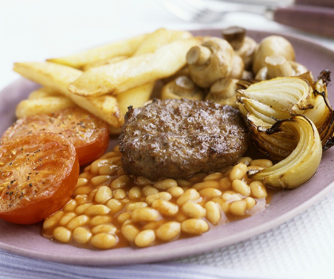 Burger, baked beans and chips