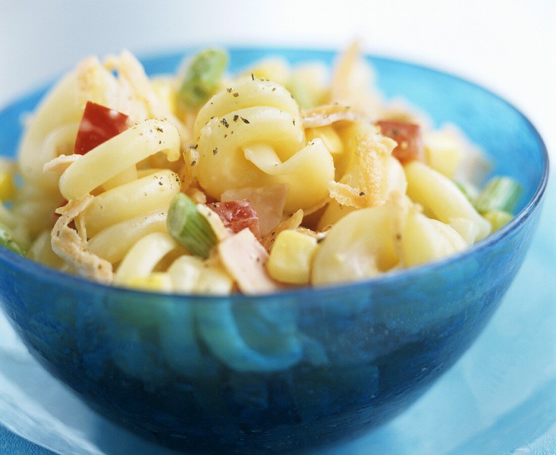 Pasta salad in blue bowl