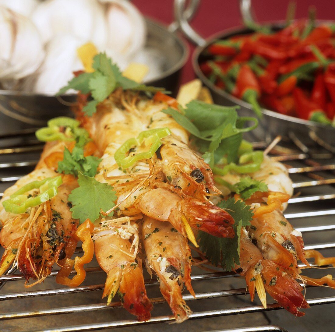 Grilled king prawns with garlic, coriander and chilli