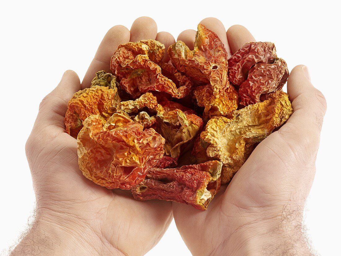 Hands holding dried red peppers