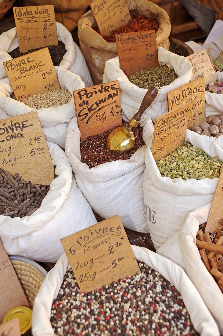 Various spices on a market stall (France)