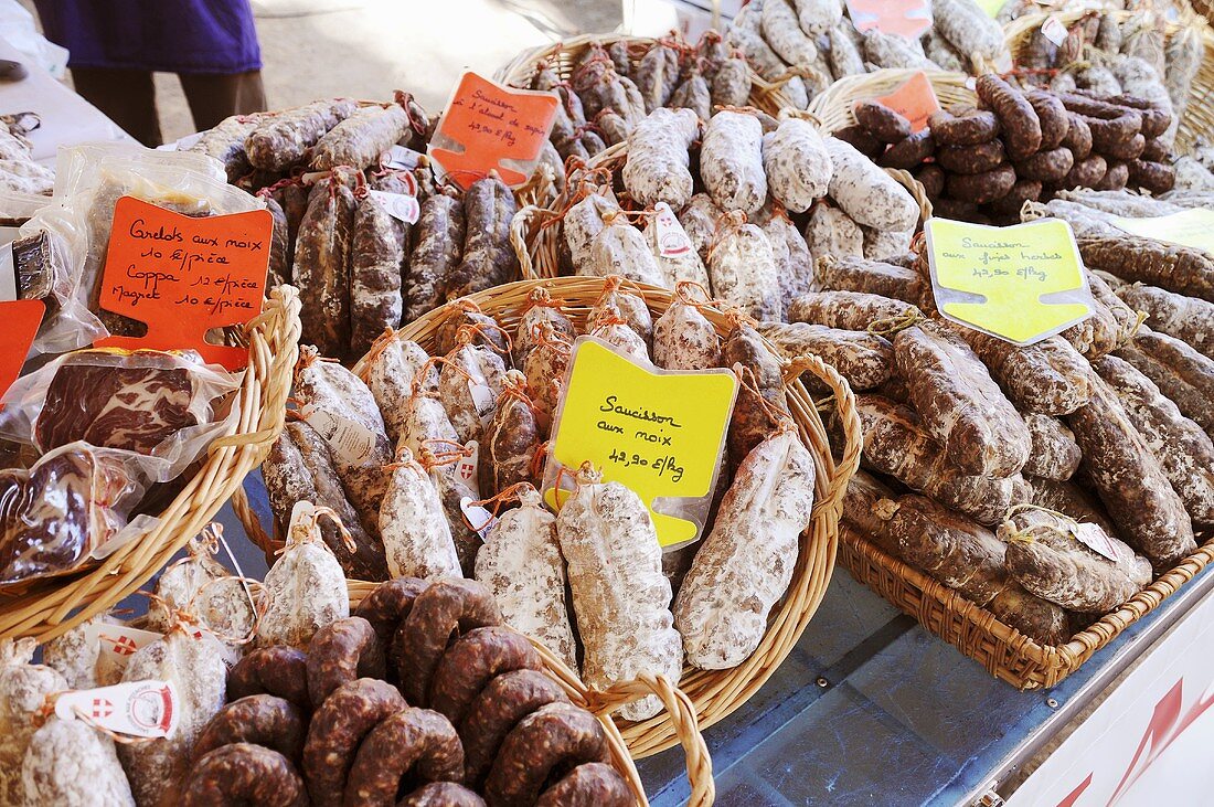 French sausage products on a market stall