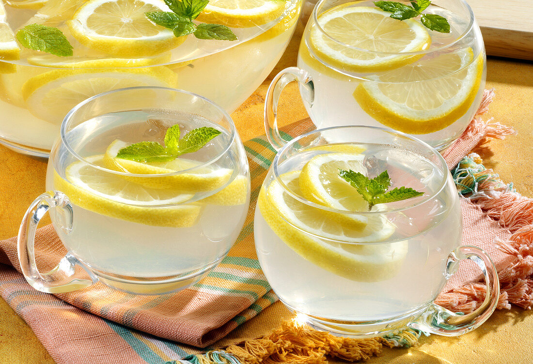 Zitronenlimonade in Bowlengefäss und Gläsern