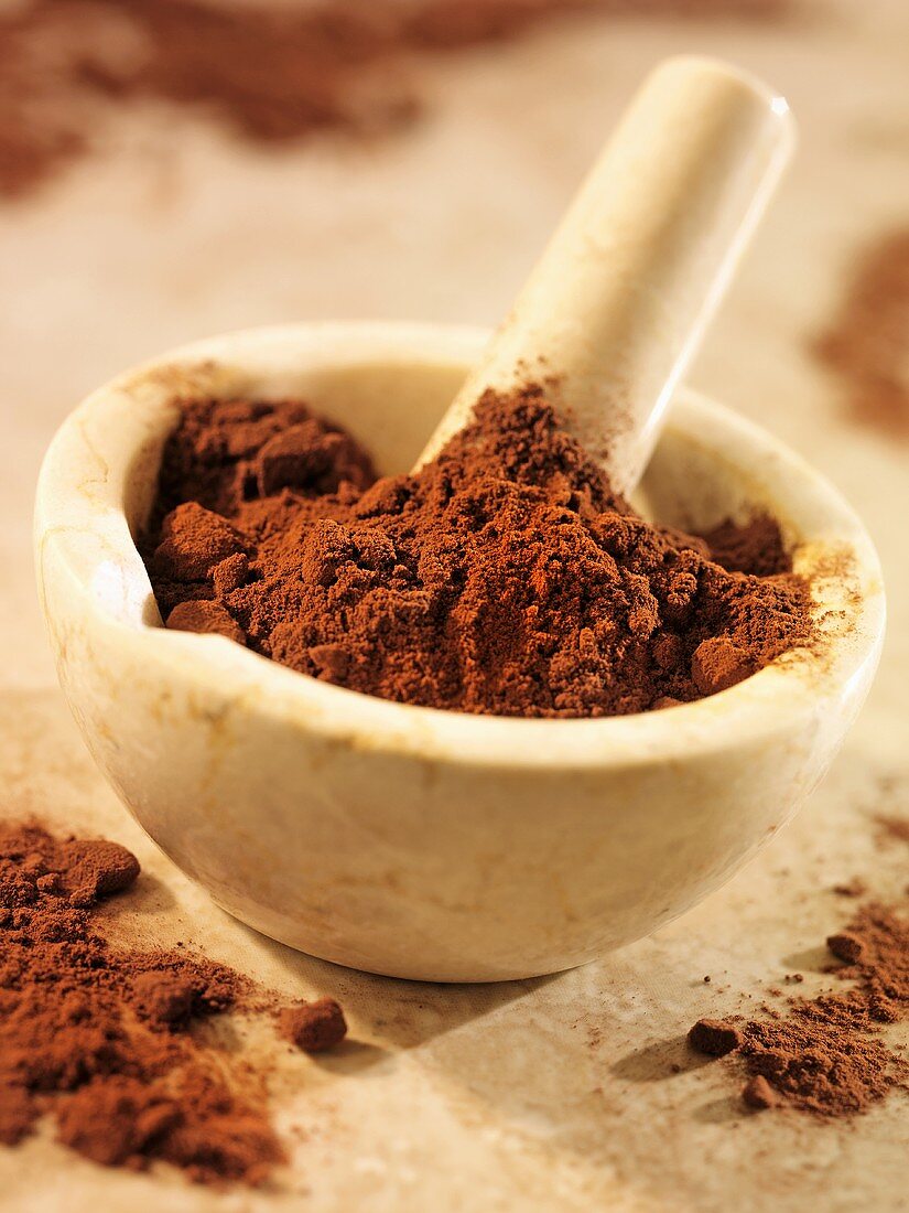 Cocoa powder in and beside a mortar