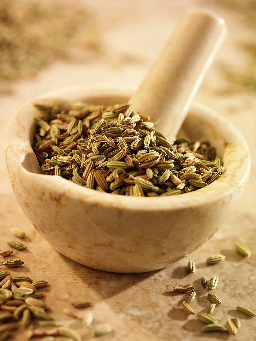 Fennel seeds in and beside a mortar