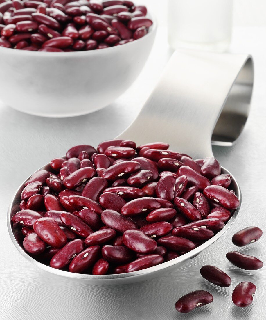 Red kidney beans on a spoon and in a glass bowl