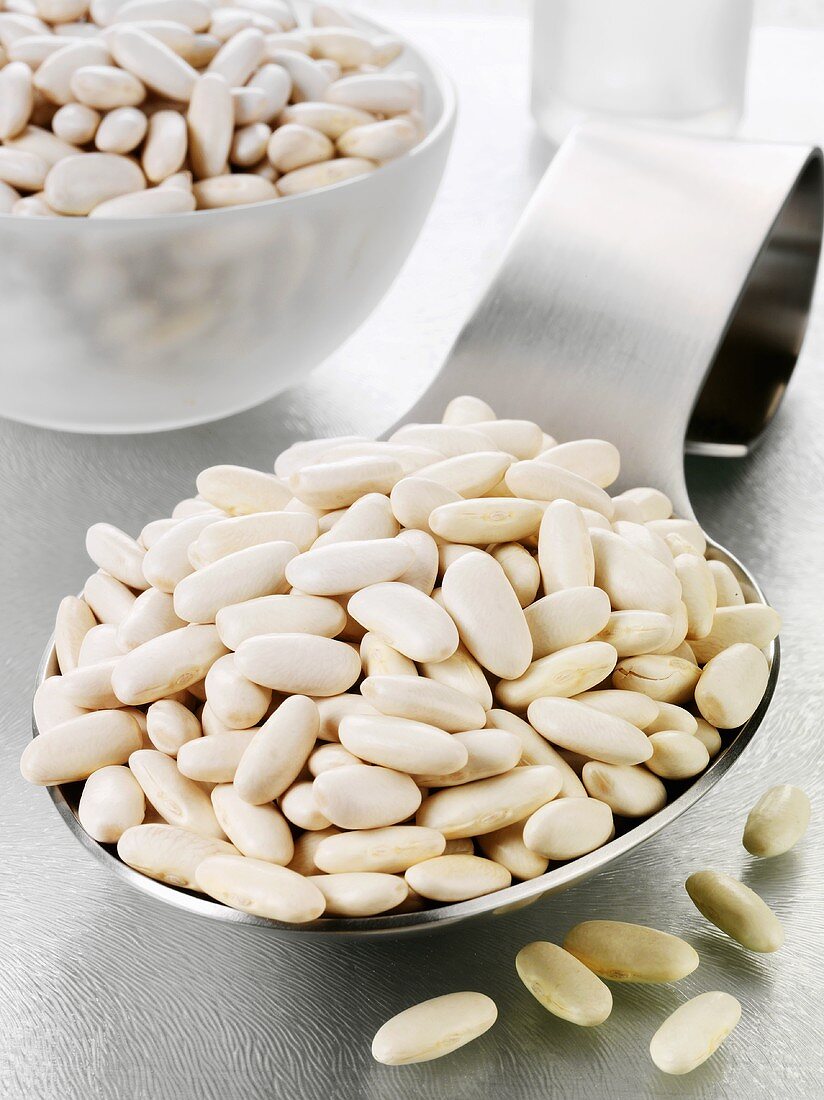 Cannellini beans on a spoon and in a glass bowl