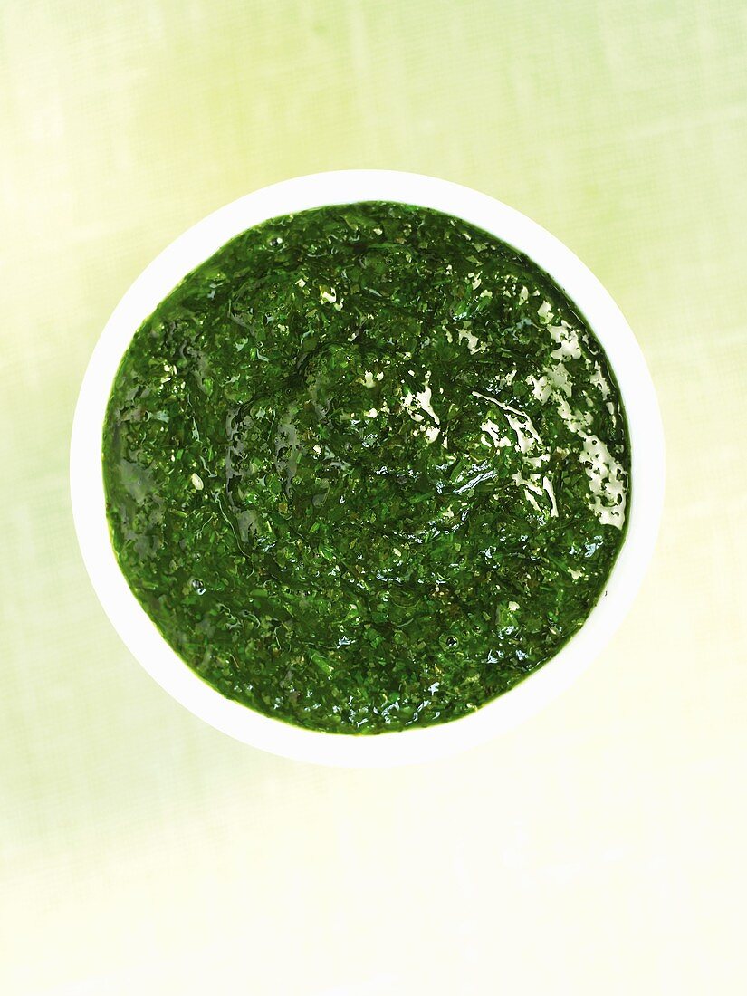 A small dish of mint sauce