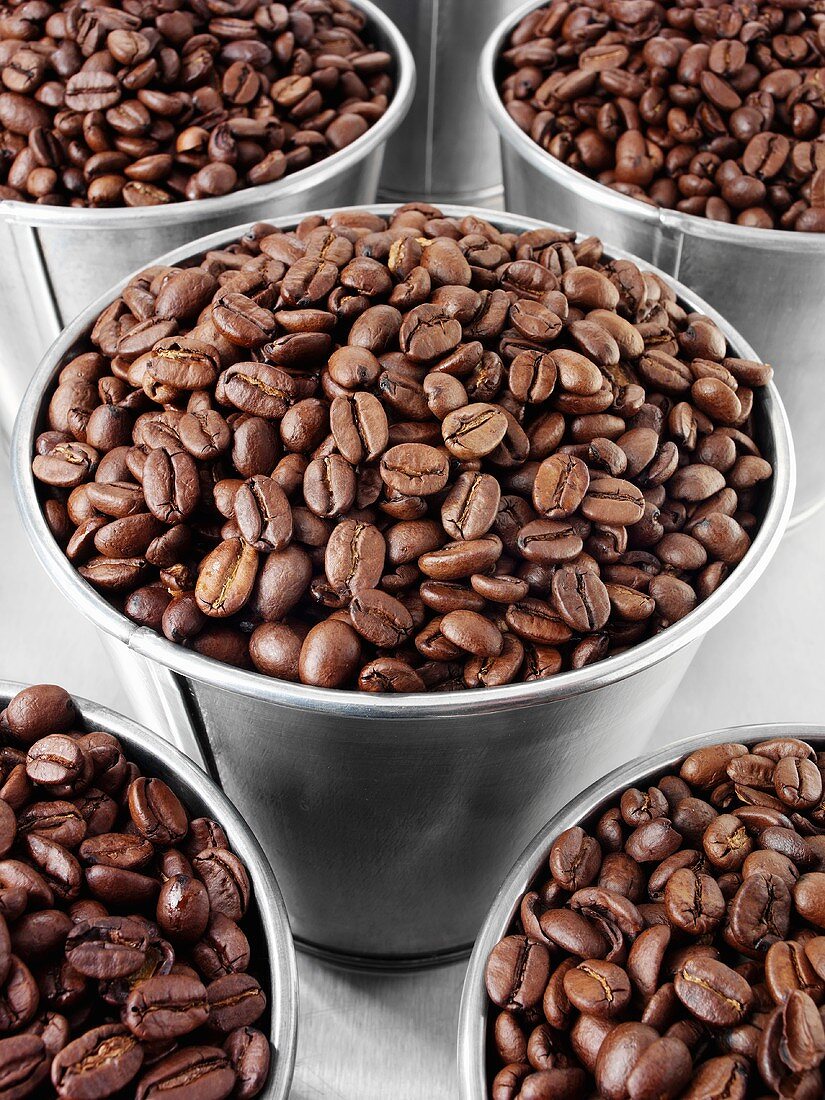 Roasted coffee beans in buckets