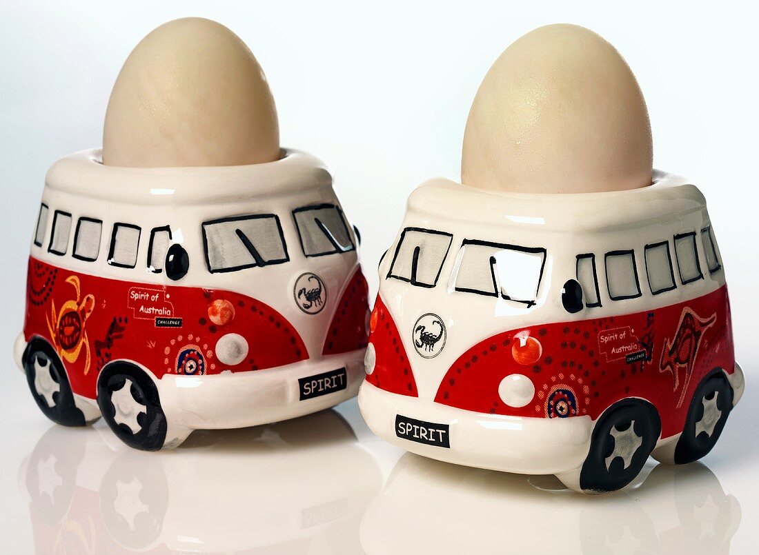 Two boiled eggs in camper-van eggcups