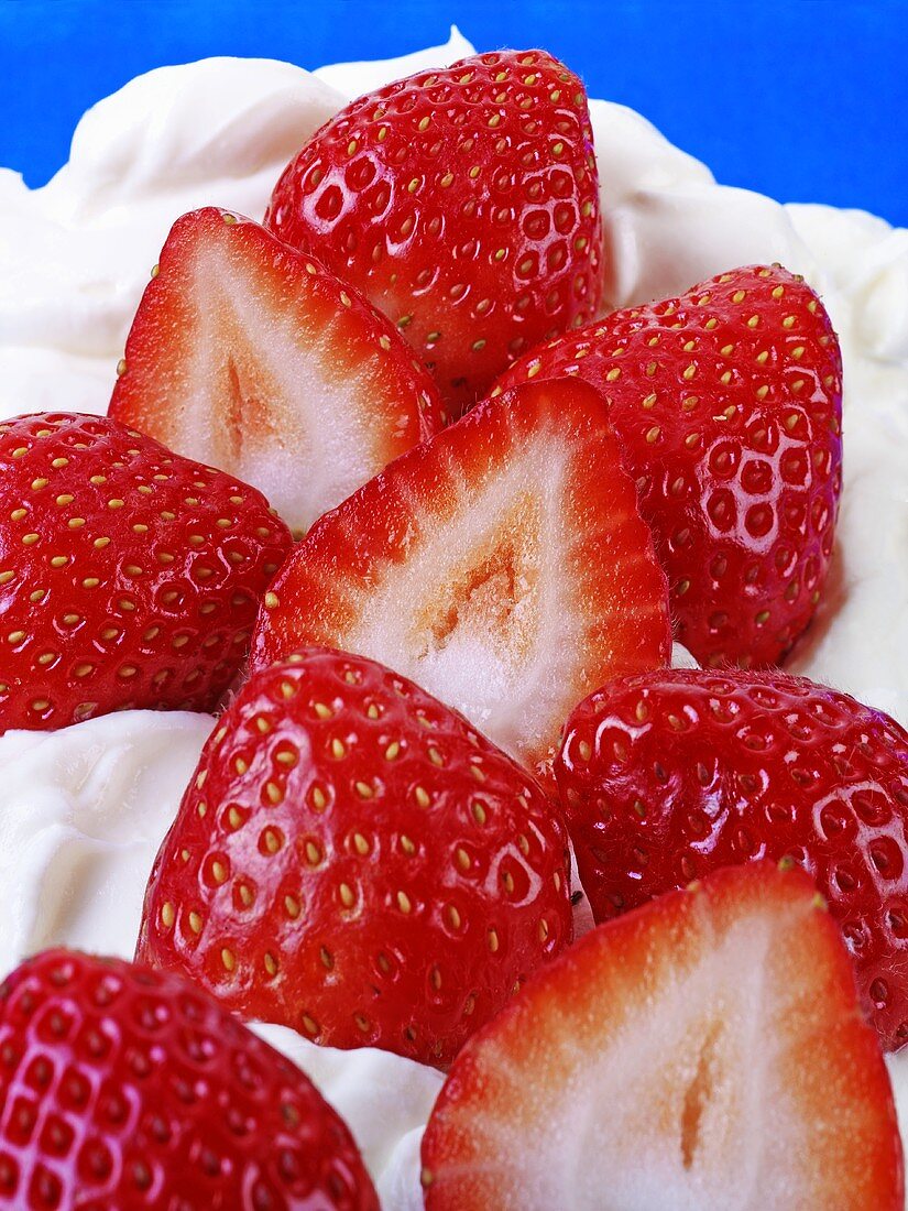 Frische Erdbeeren auf Sahnecreme