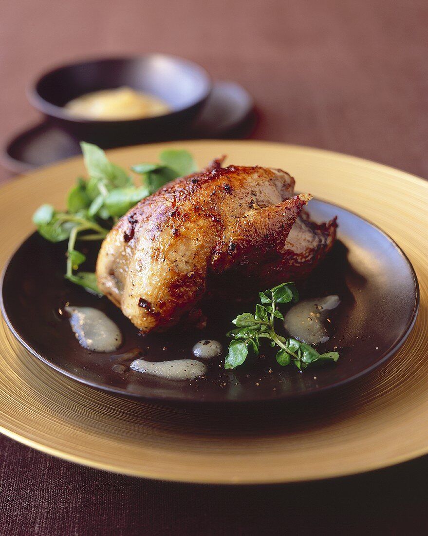 Roast partridge with pear vanilla puree