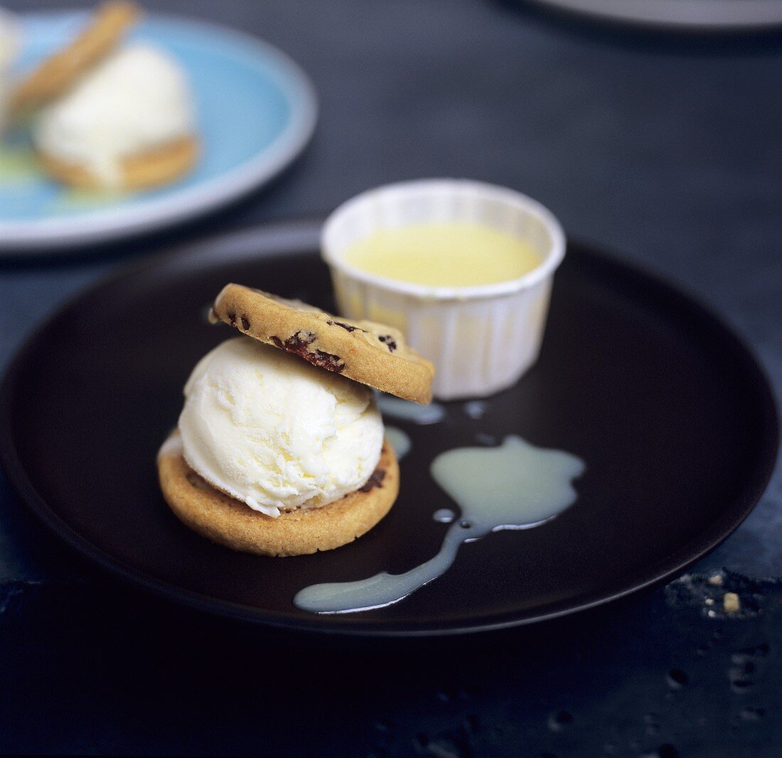 Blueberry biscuits with vanilla ice cream and custard