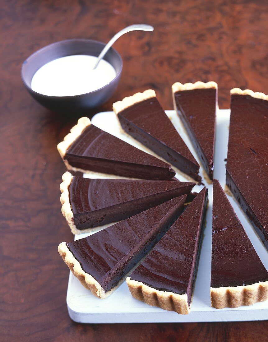 Chocolate tart, cut into pieces