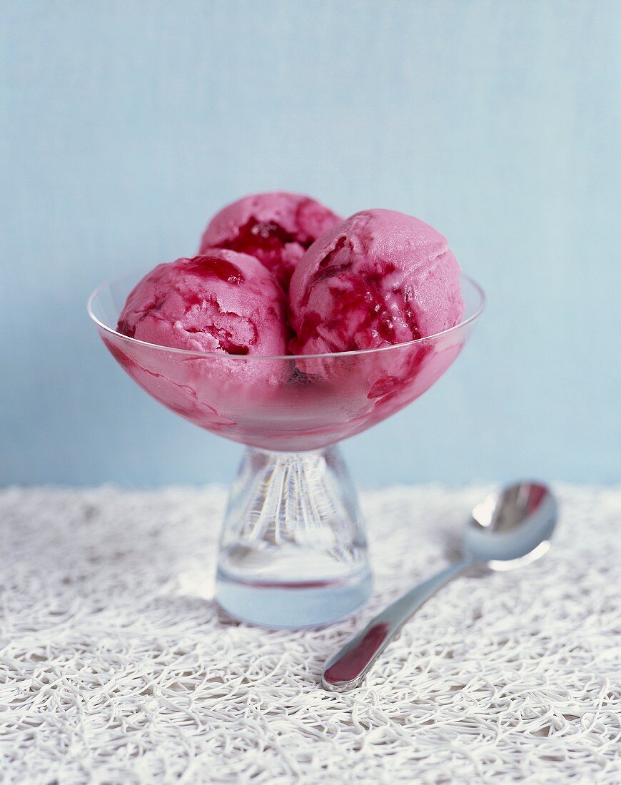 Raspberry ice cream in a sundae glass