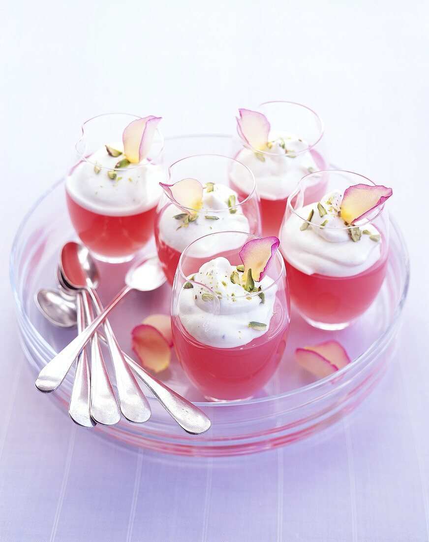 Five glasses of rhubarb jelly with rose & pistachio cream