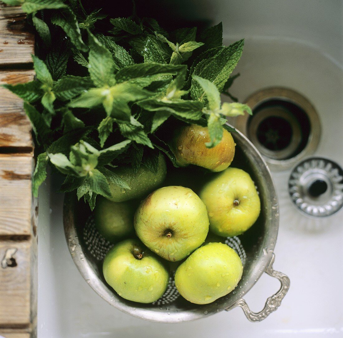 Freshly washed green apples in colander with mint