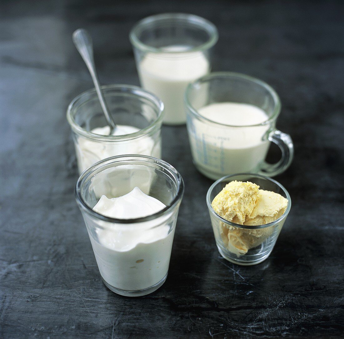 Verschiedene Milchprodukte in Gläsern