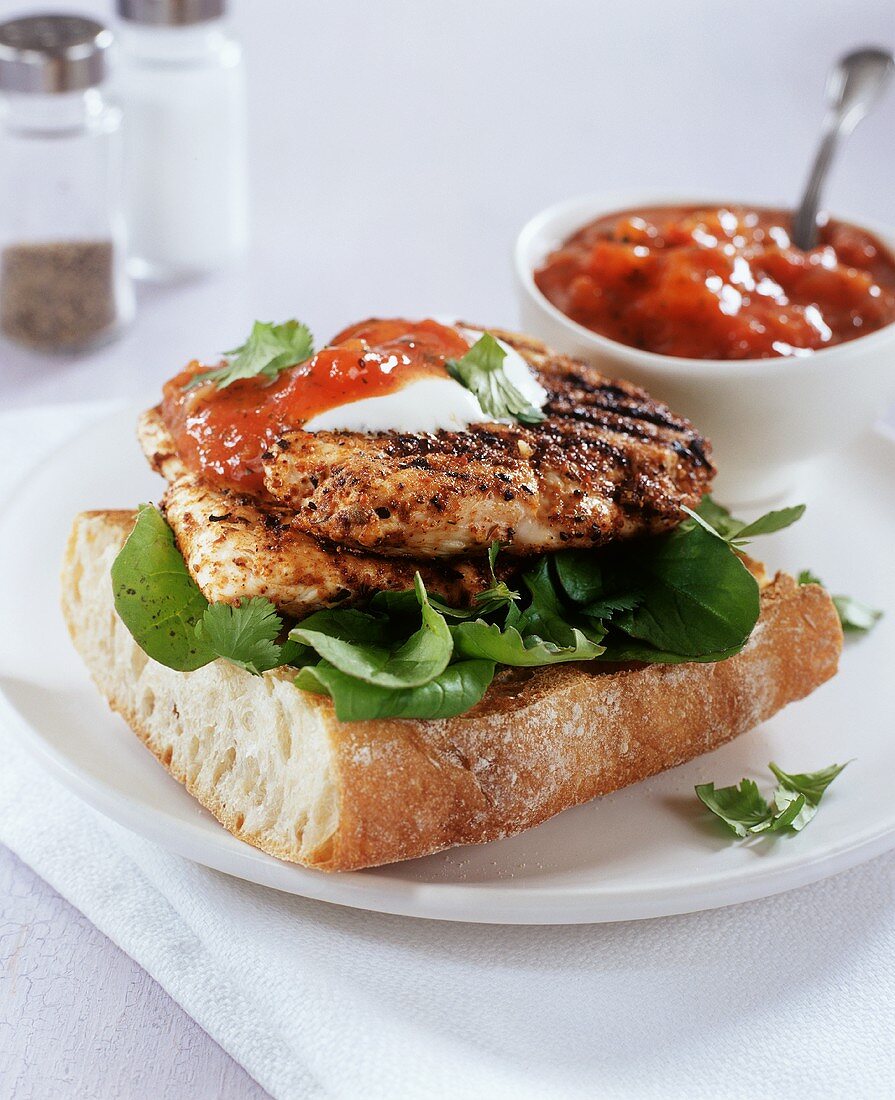 Barbecued chicken breast and tomato chutney on white bread