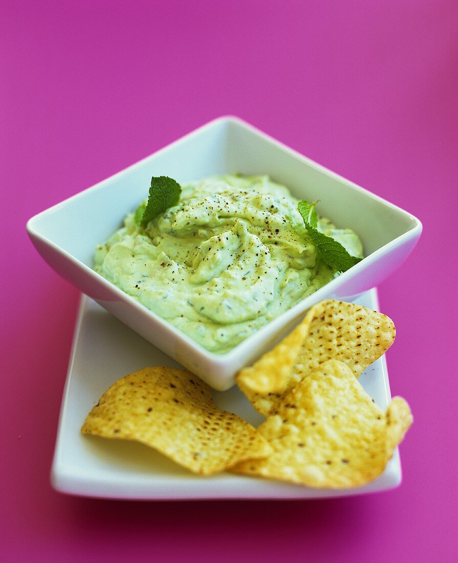 A small dish of guacamole with tortilla chips