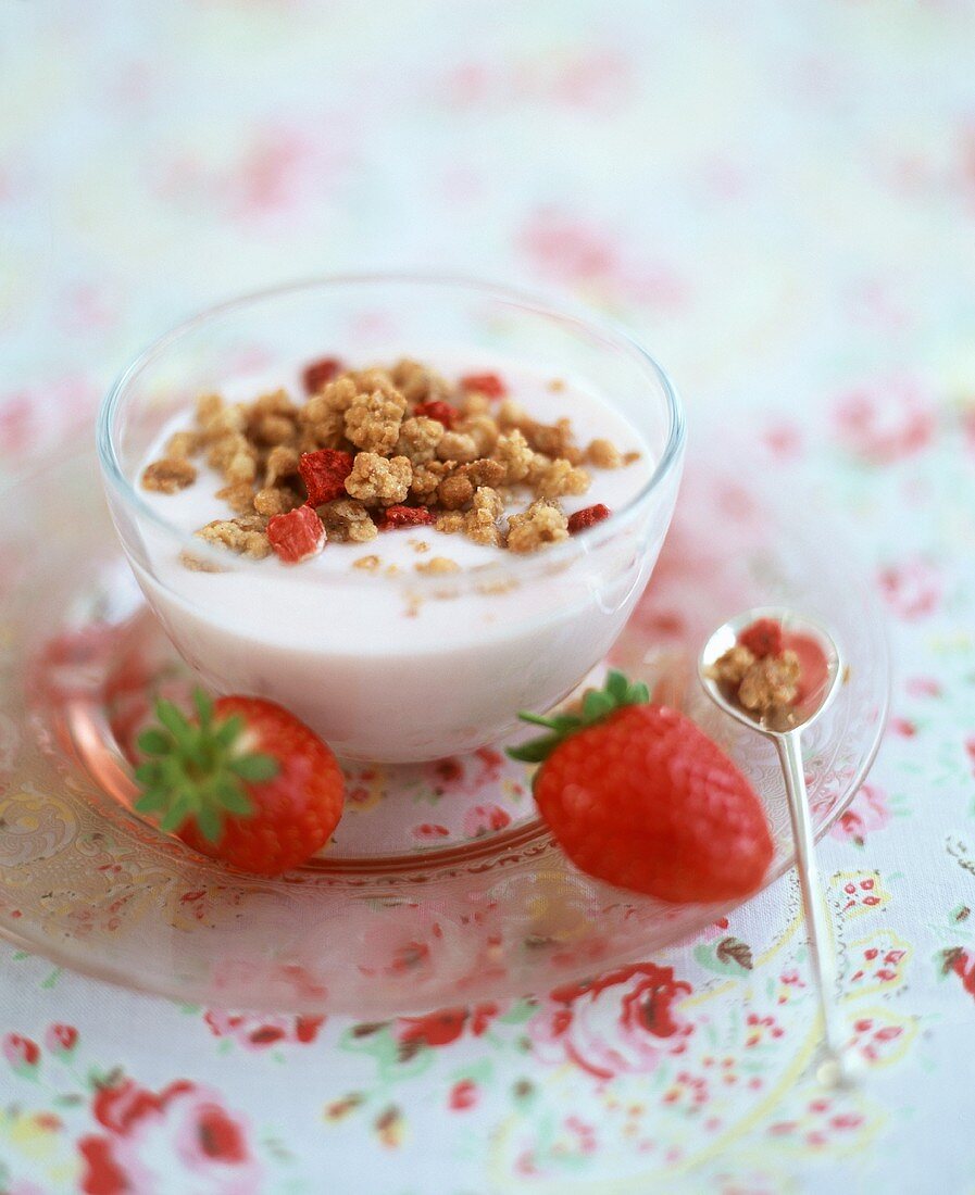 Yoghurt with granola and fresh strawberries
