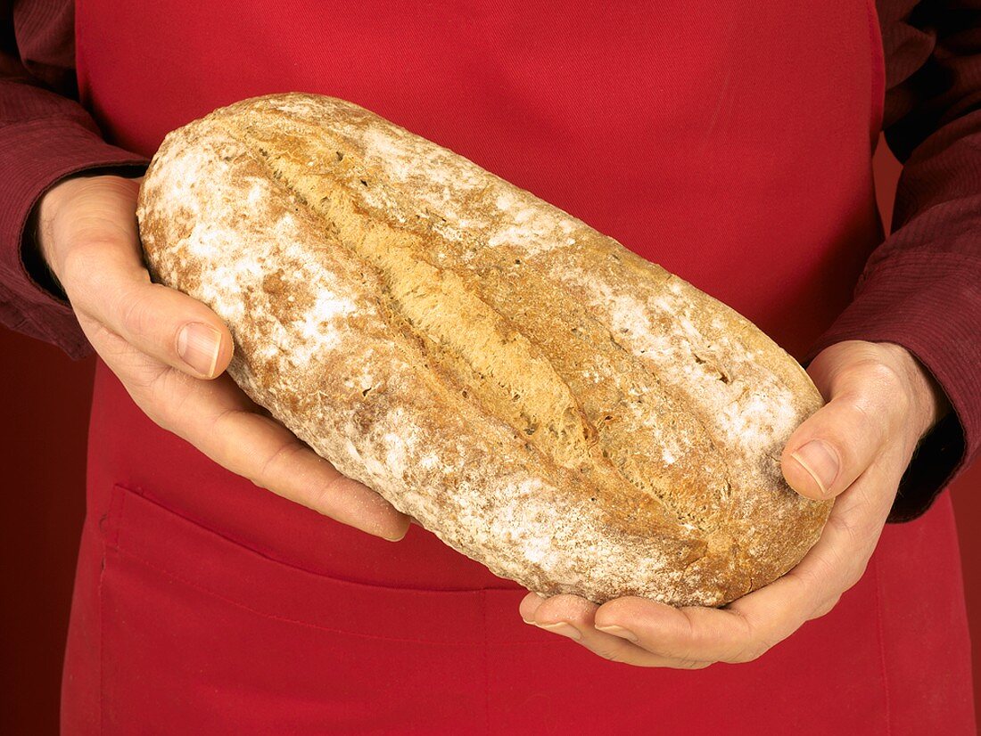 Hands holding a rustic loaf of bread