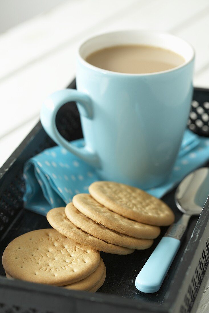 Rich tea biscuits and mug of tea (UK)