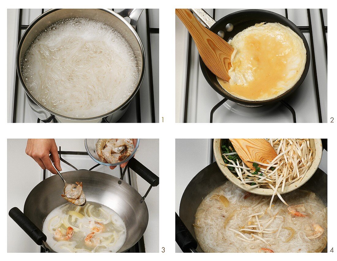 Preparing rice noodles in coconut milk with prawns and bean sprouts (Thailand)