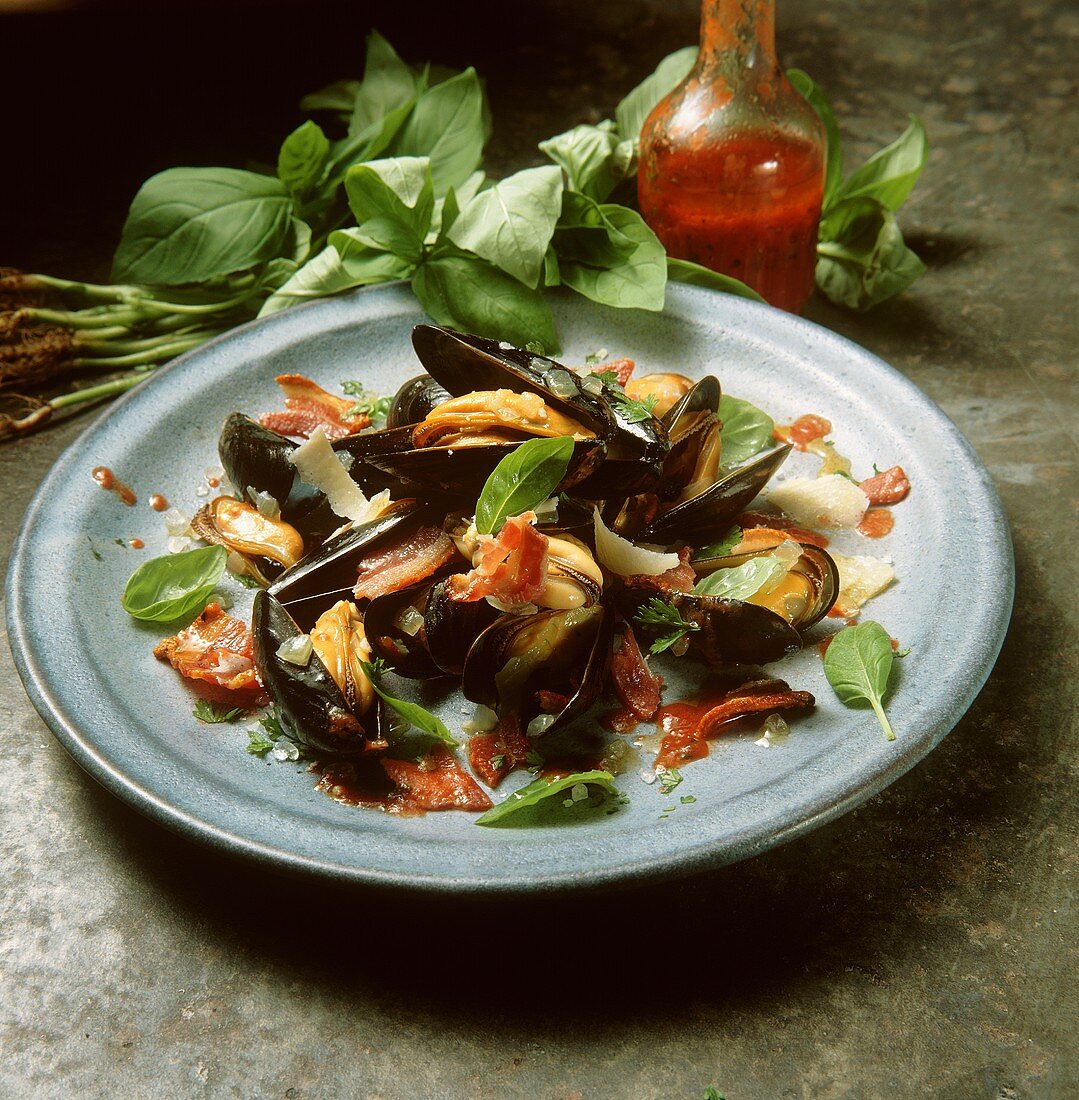 Miesmuschelsalat mit Speck-Tomaten-Vinaigrette