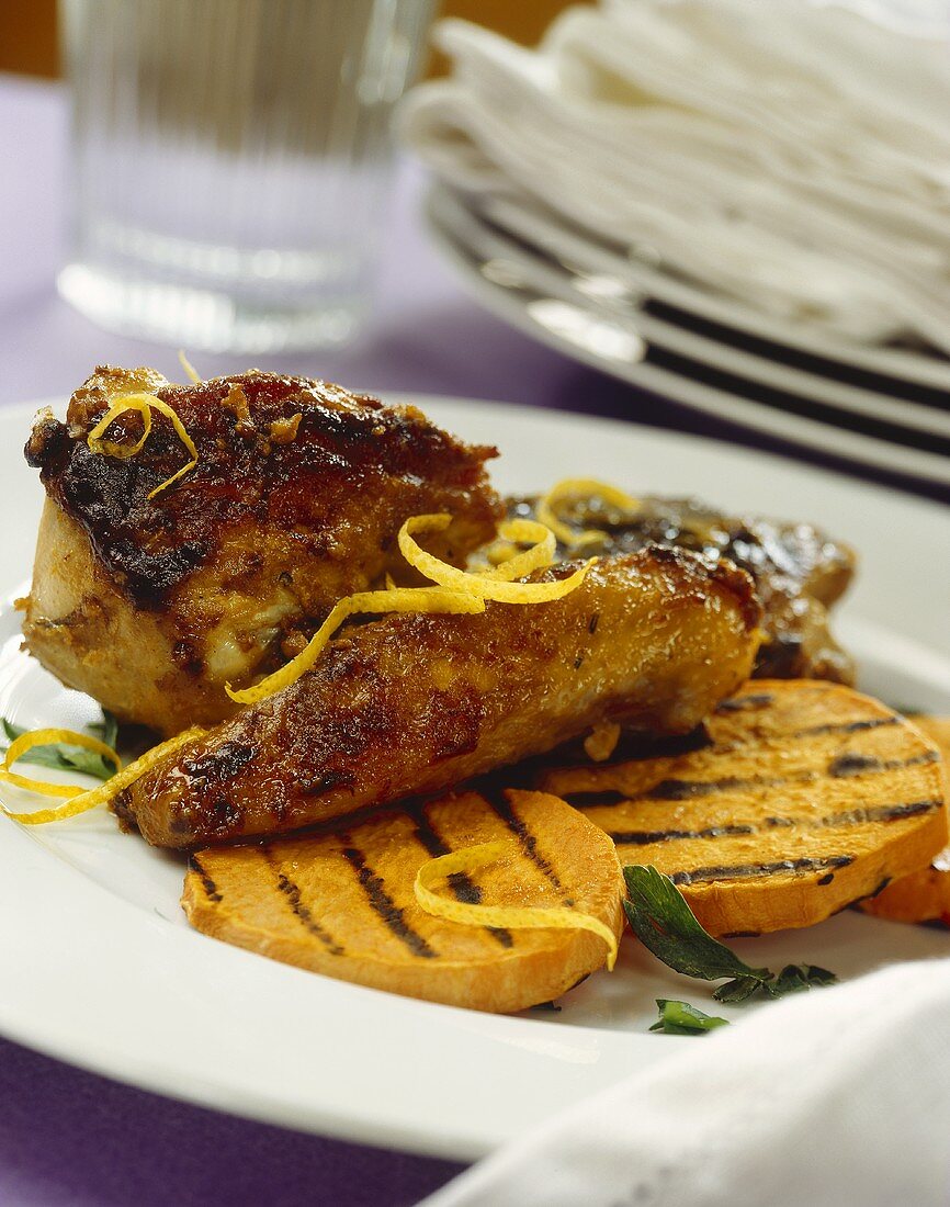 Roasted guinea fowl with grilled sweet potato slices