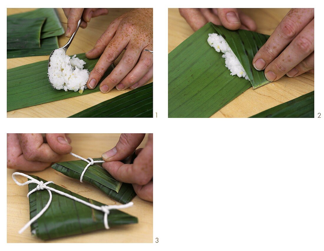 Preparing rice in banana leaves