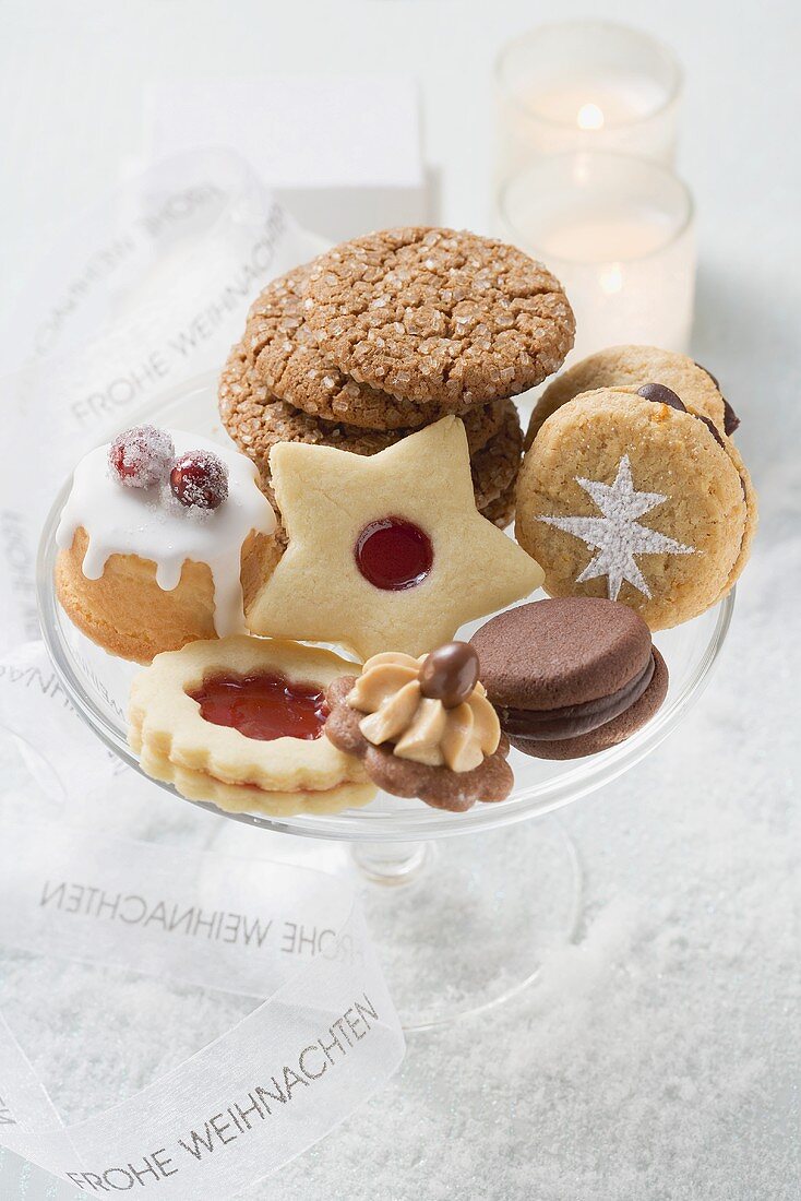 Assorted Christmas biscuits on glass stand