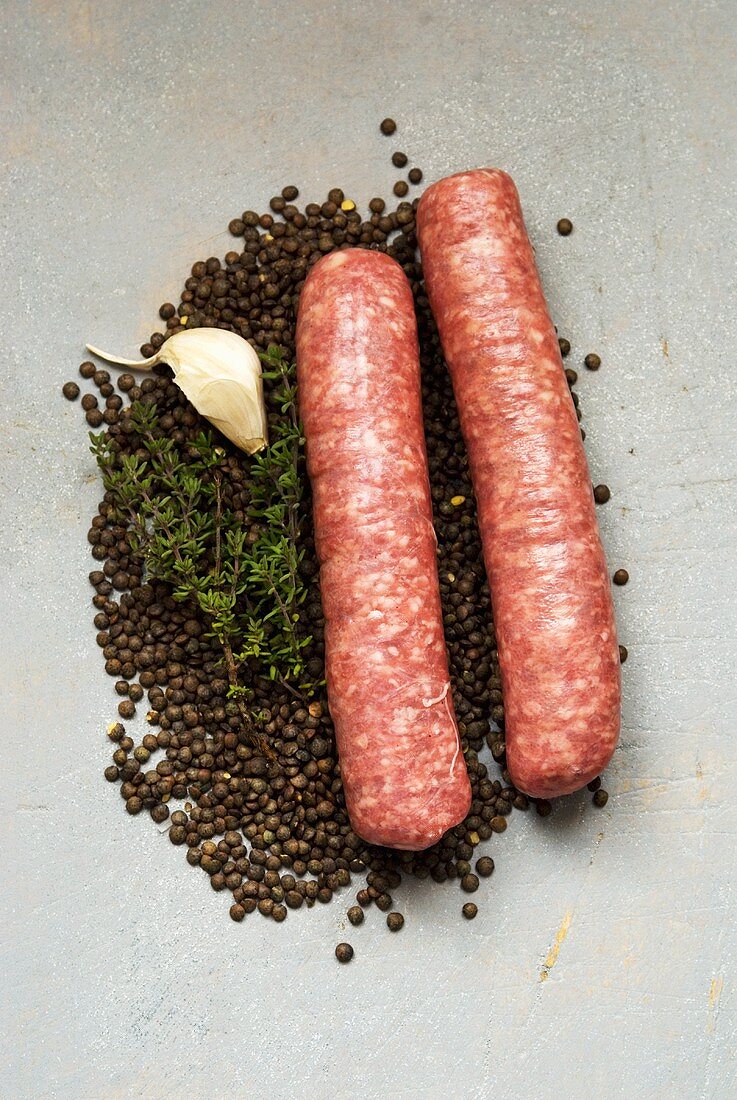 Ingredients for lentil soup with mettwurst sausages