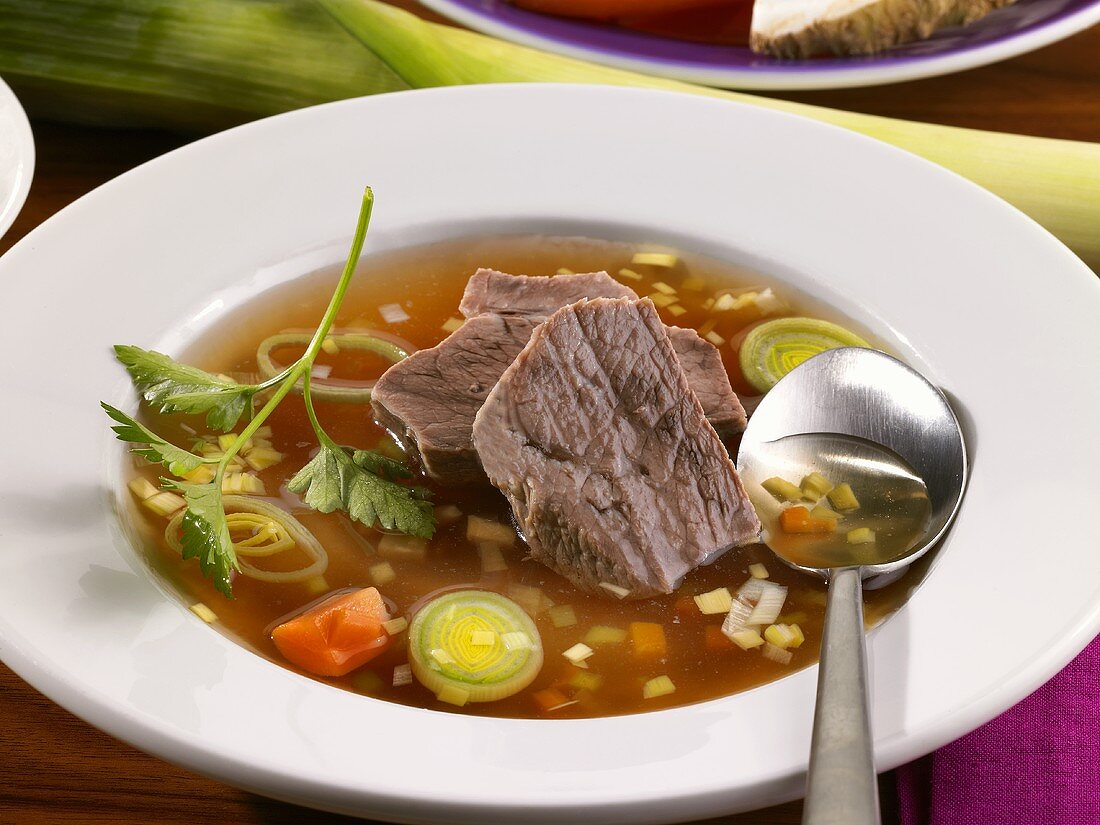 Beef broth with meat