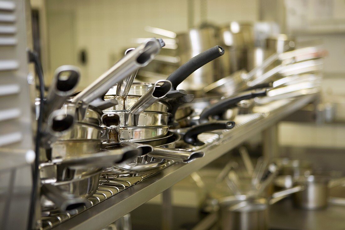 Sauté pans, frying pans & saucepans in a restaurant kitchen