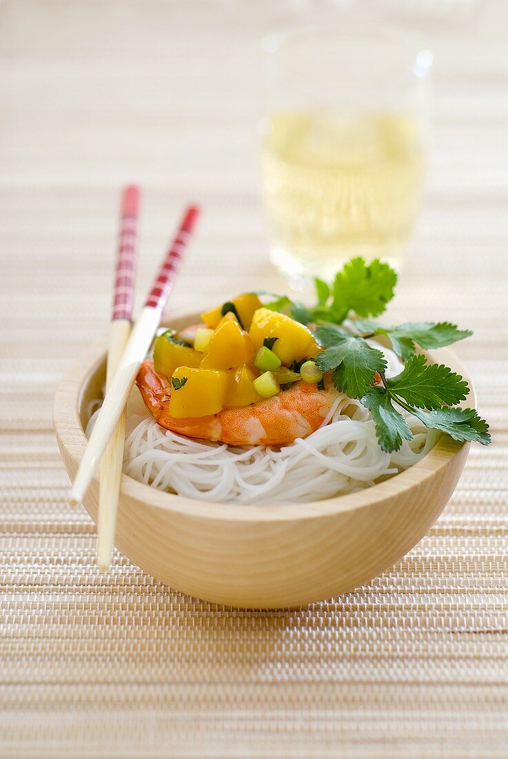 Prawn and mango salad on rice noodles