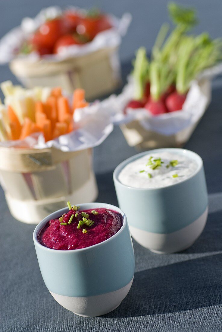 Crudités with beetroot dip and sour cream dip