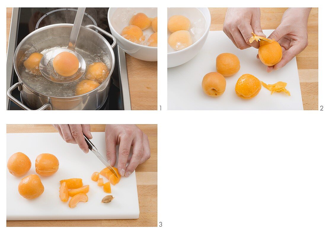 Aprikosen häuten und klein schneiden
