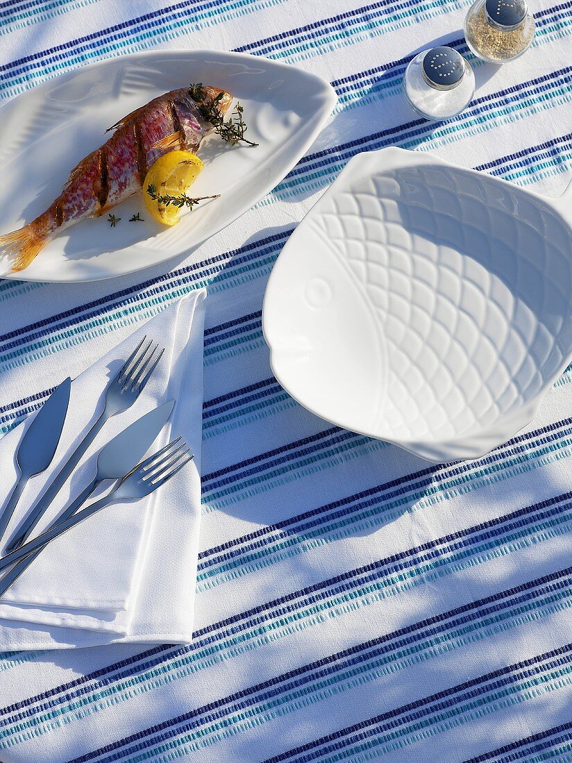 Table laid for a meal of fish