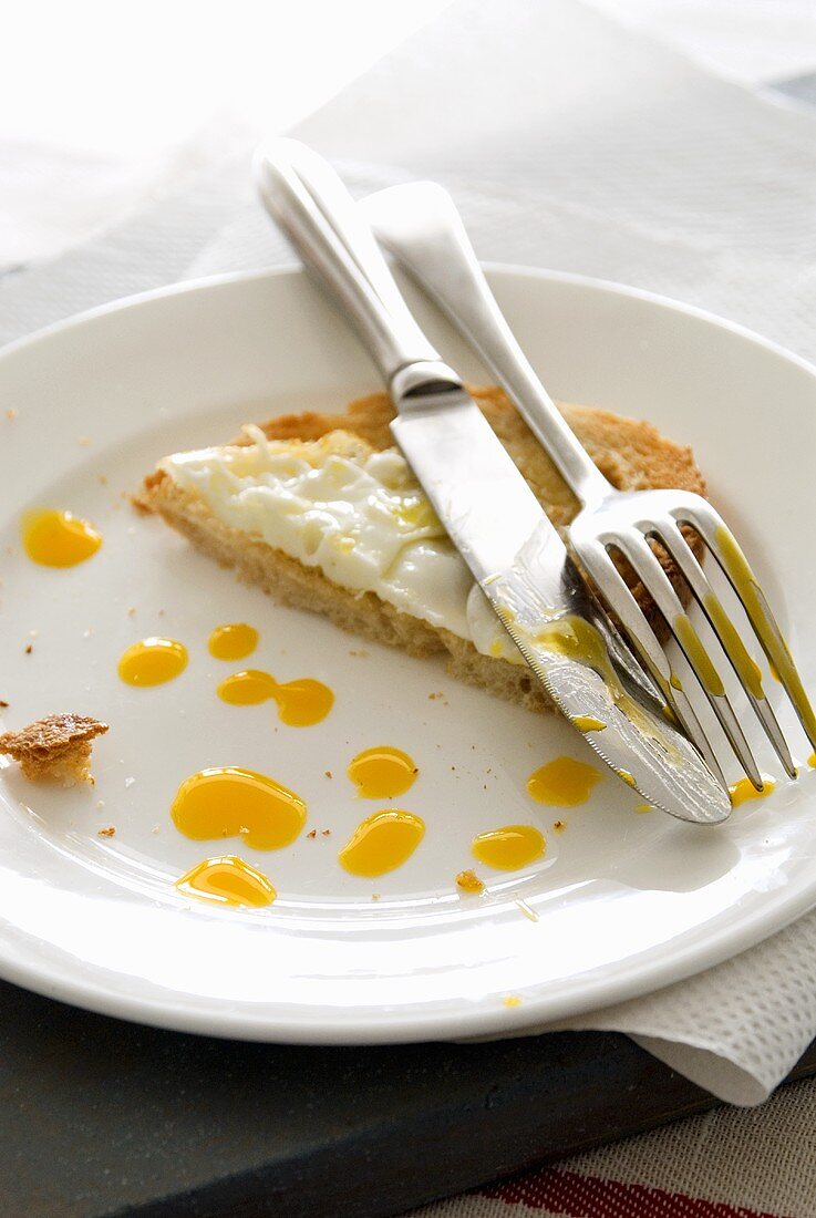 Remains of fried egg on toast on plate