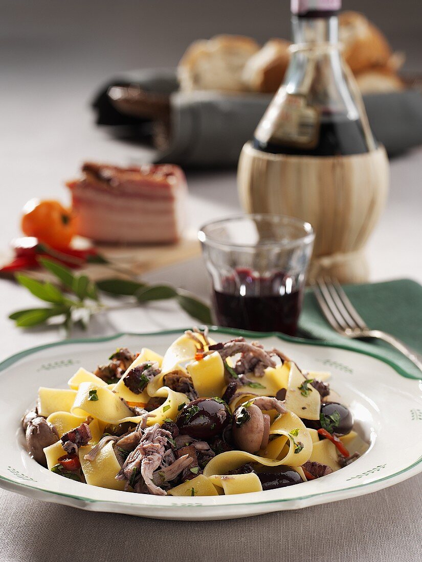 Pappardelle with chicken, olives and red wine sauce