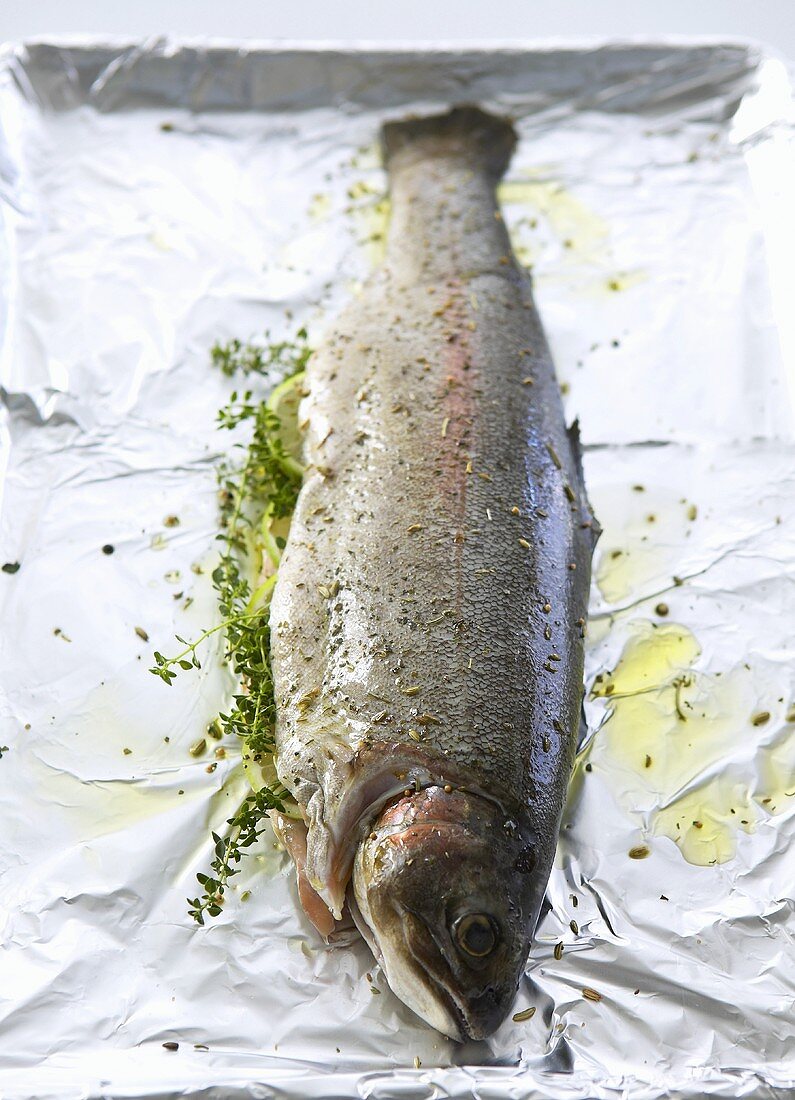 Trout with seasoning and thyme on aluminium foil