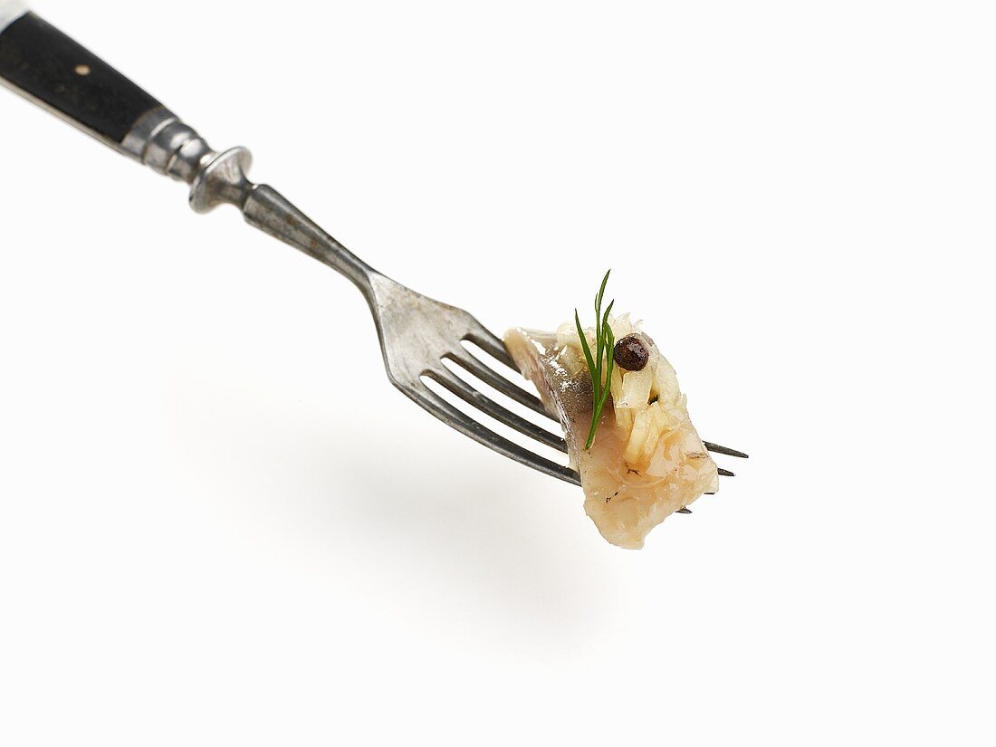 Marinated matjes herring on a fork