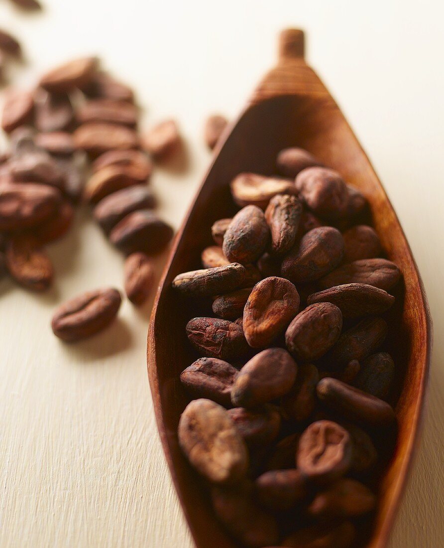 Cocoa beans in and beside wooden dish