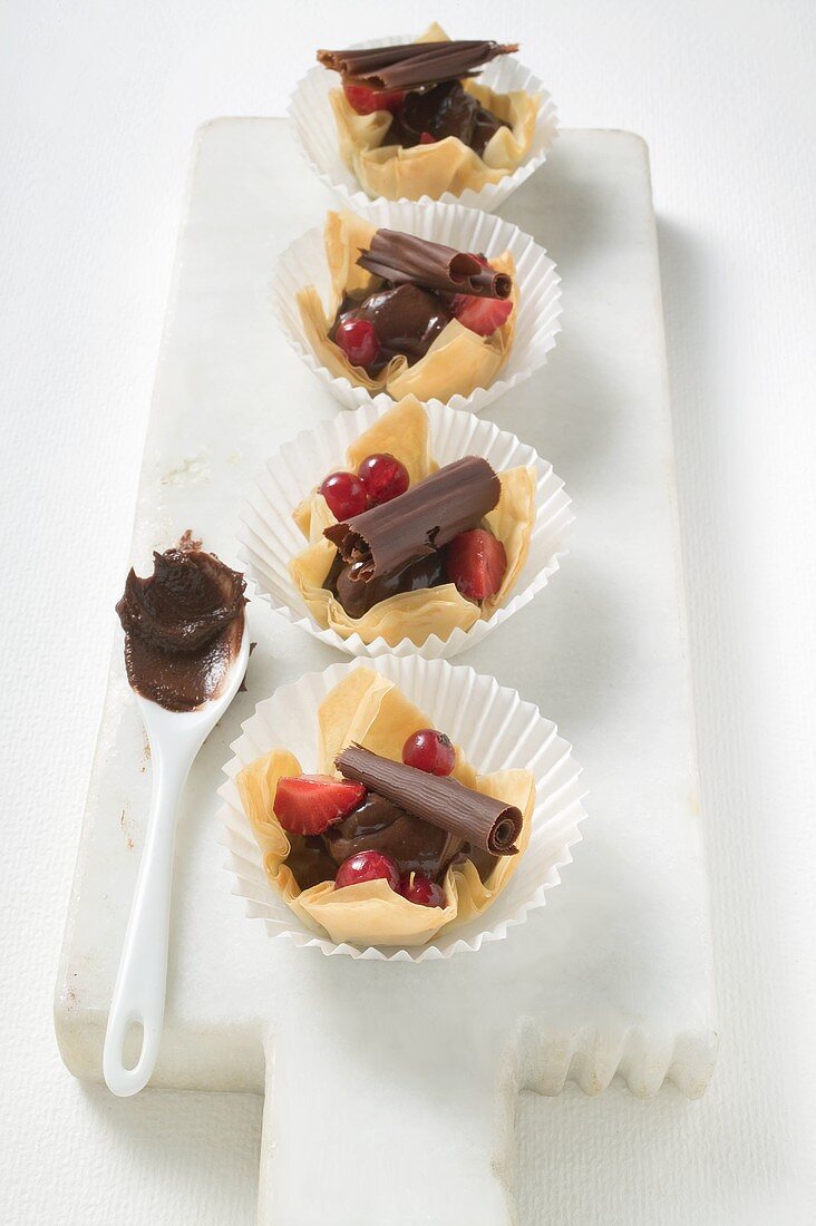 Chocolate mousse and berries in yufka pastry shells