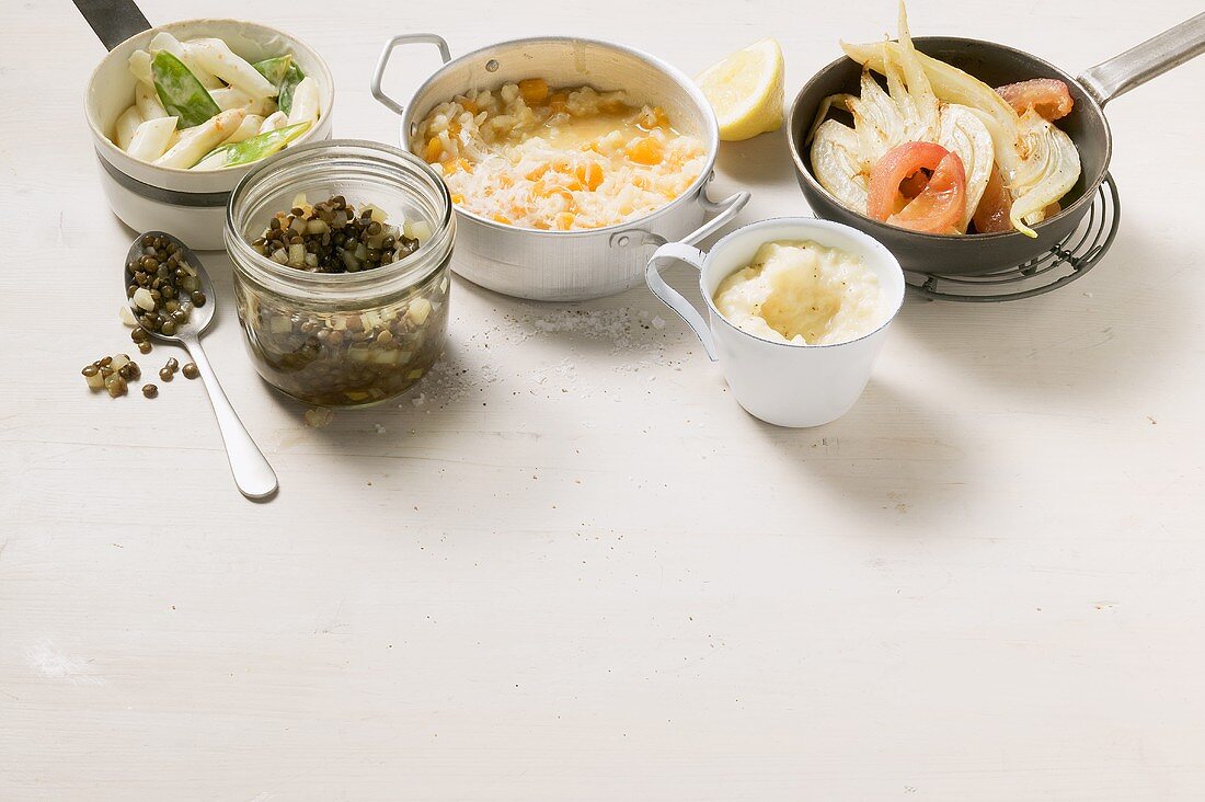 Asparagus, lentils, pumpkin risotto, mashed potato, fennel to serve with fish