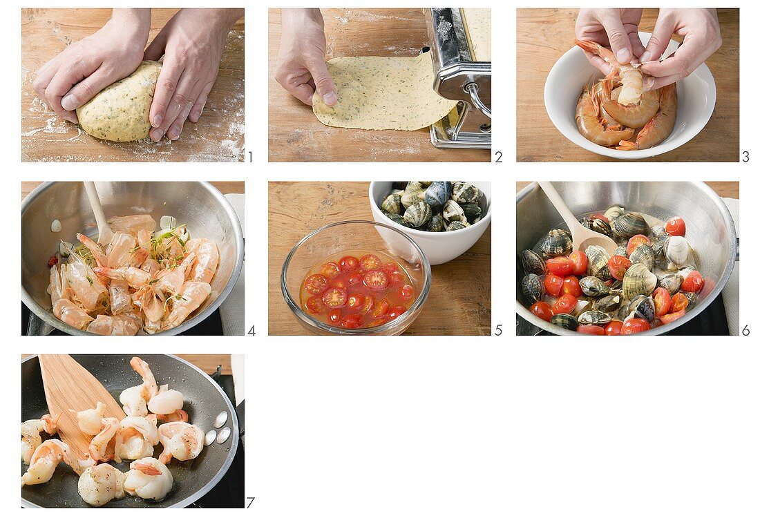 Making pasta alla pugliese (mint pasta with seafood)