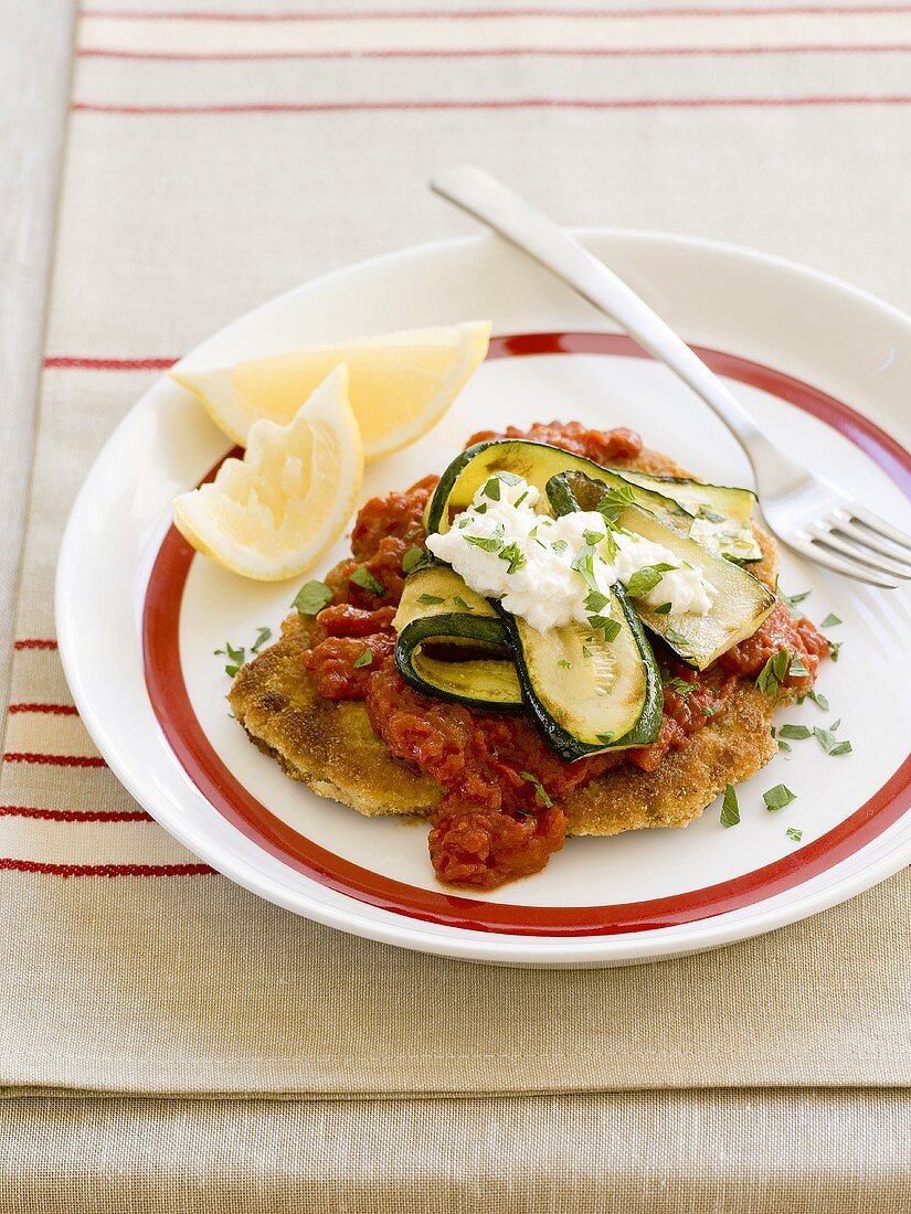 Paniertes Kalbsschnitzel mit Tomatensauce und Zucchini