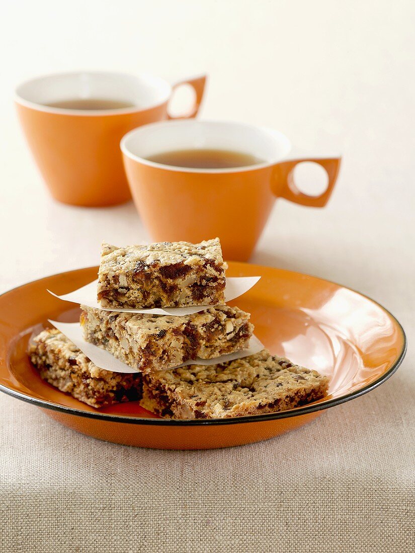 Date and nut slices and two cups of tea